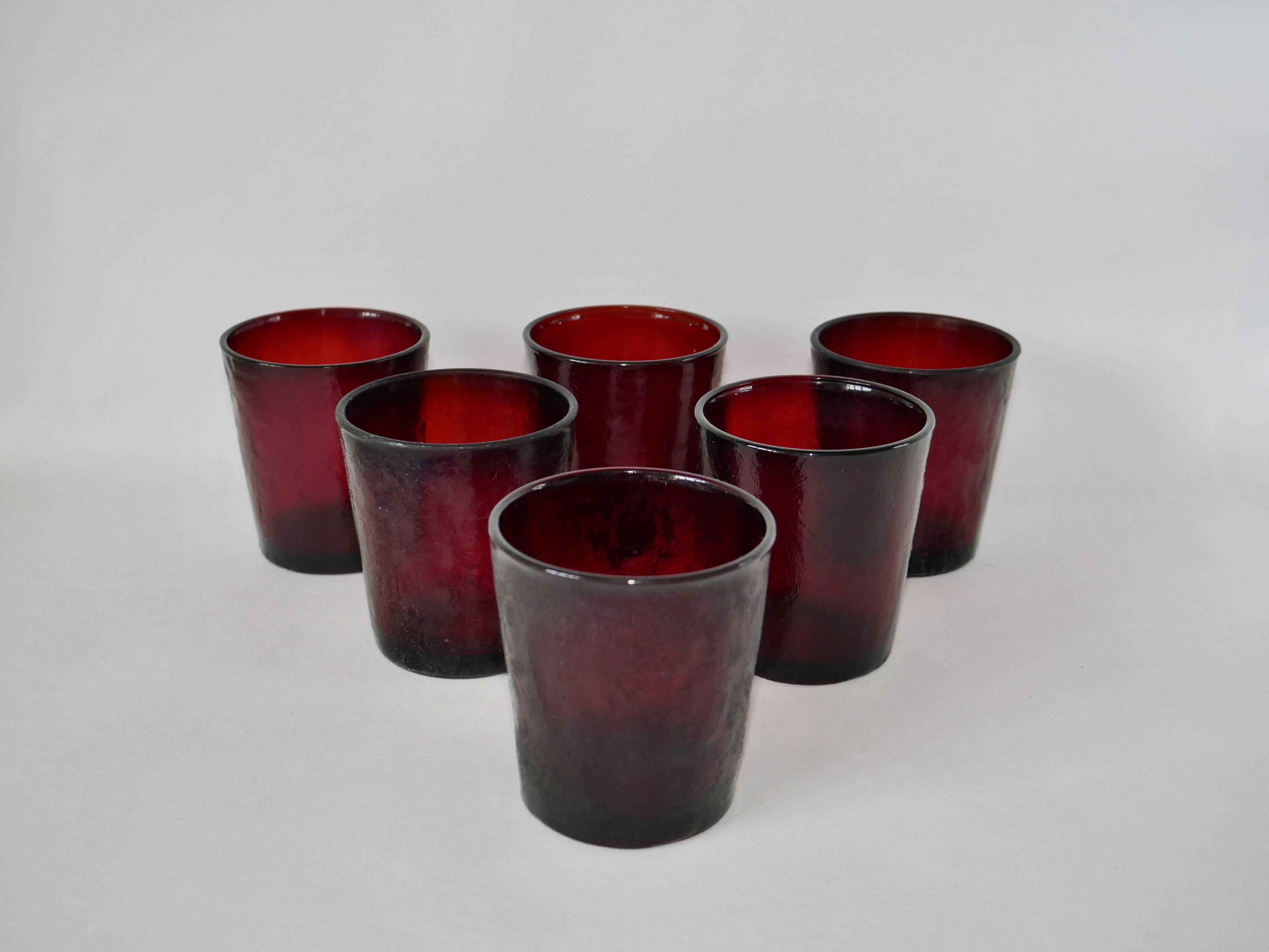 Set of 6 70s burgundy colored glass glasses
