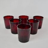 Set of 6 70s burgundy colored glass glasses
