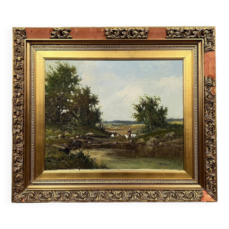 Francesco partengo (1912-1980) : huile sur toile vue animée d'un paysage piémontais vers 1940