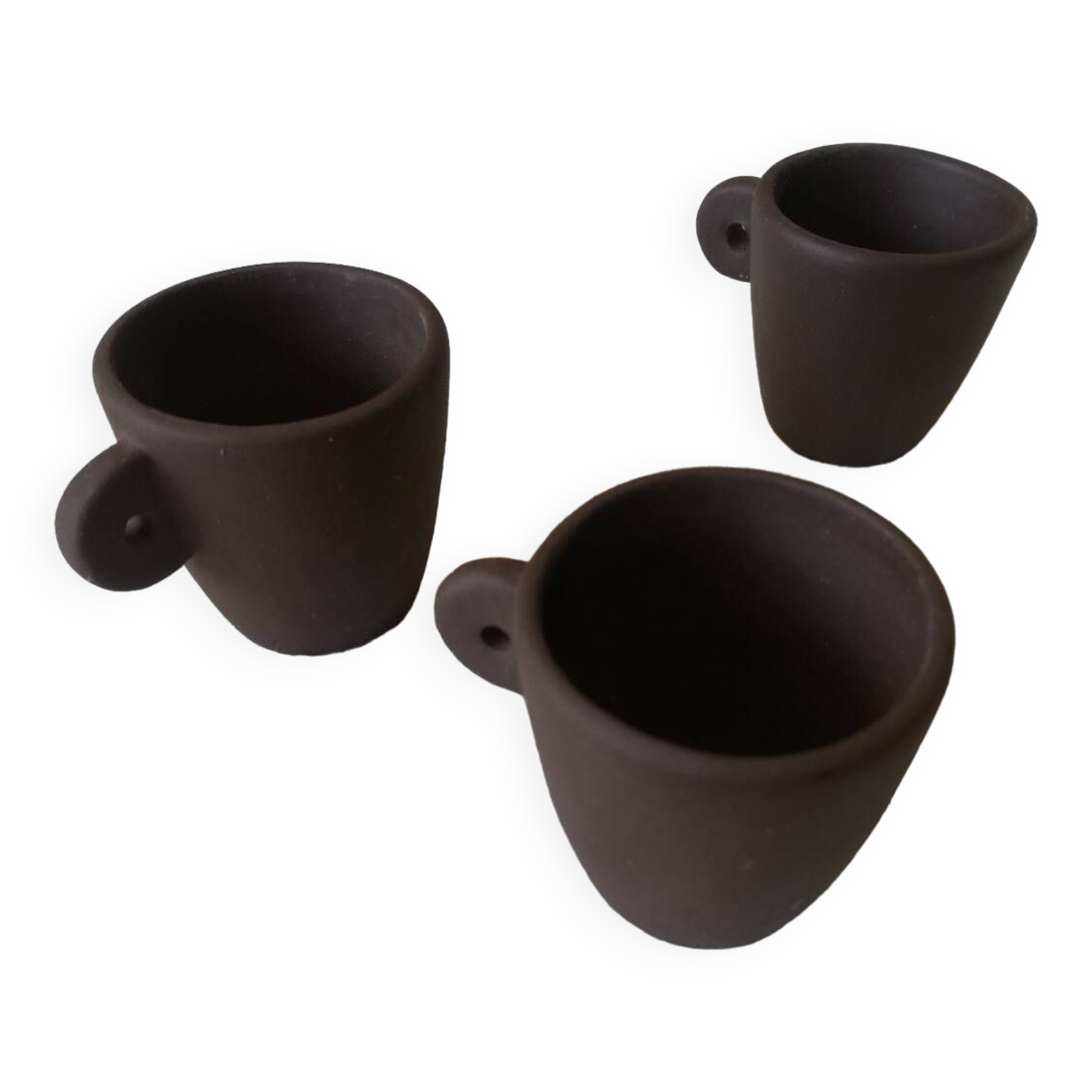Set of three matte brown ceramic cups for dolls' play kitchen