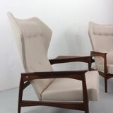 Set of Two Danish Adjustable Wingback Lounge Chairs in Teak by Ib Kofod Larsen