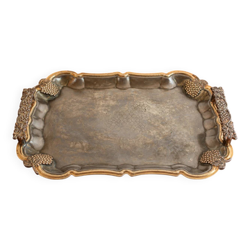 Vintage silver and gold metal serving tray – Grape cluster decoration – 36 cm