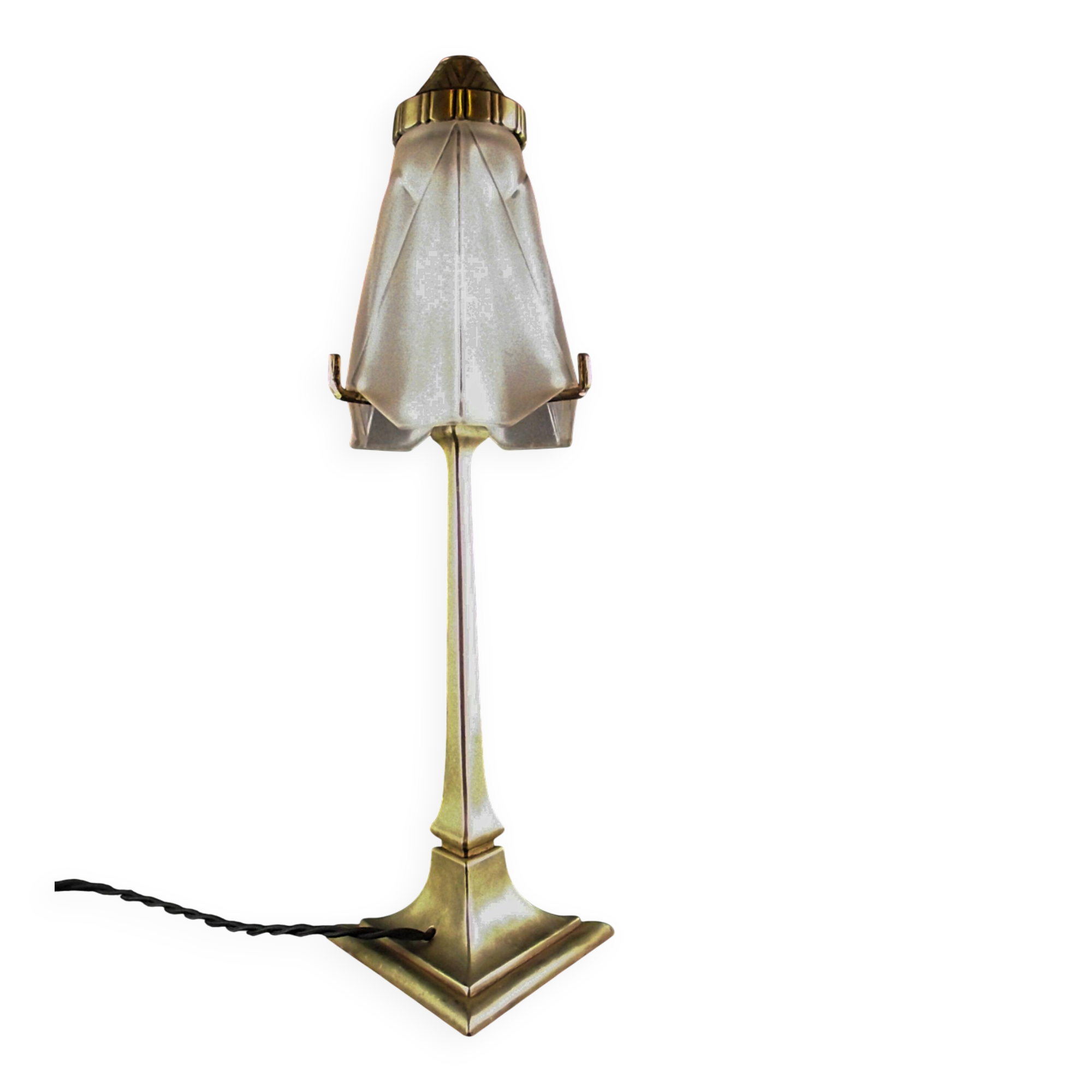Art deco lamp signed degue with a bronze base.
