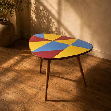 Czechoslovak table in Brussels style, made of oak and colourful umakart, 1950s.