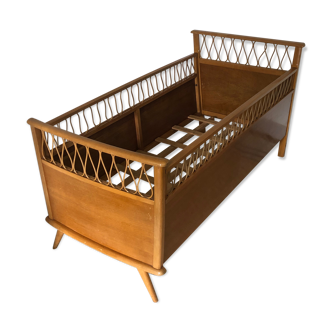 Vintage wood and rattan baby cot