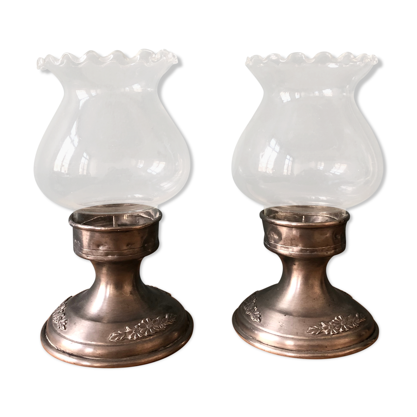 Pair of photophores candlesticks in tin and glass