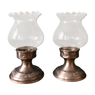 Pair of photophores candlesticks in tin and glass