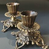 Pair of Jewish/Hebrew Flambeau Candlesticks. Signed Israel. In old gold patinated brass