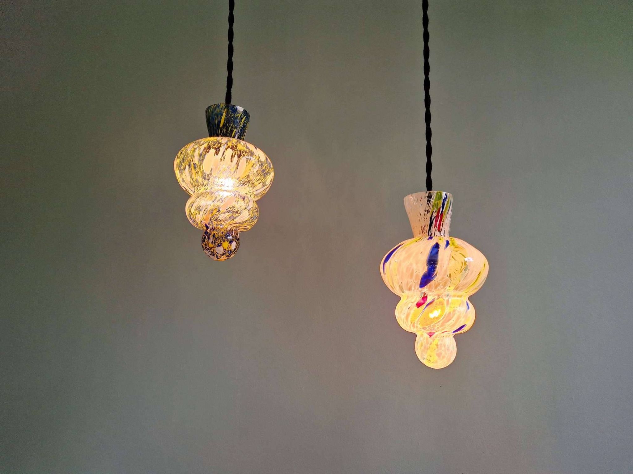 A pair of multicoloured blown glass suspensions, Murano, 1950-60.