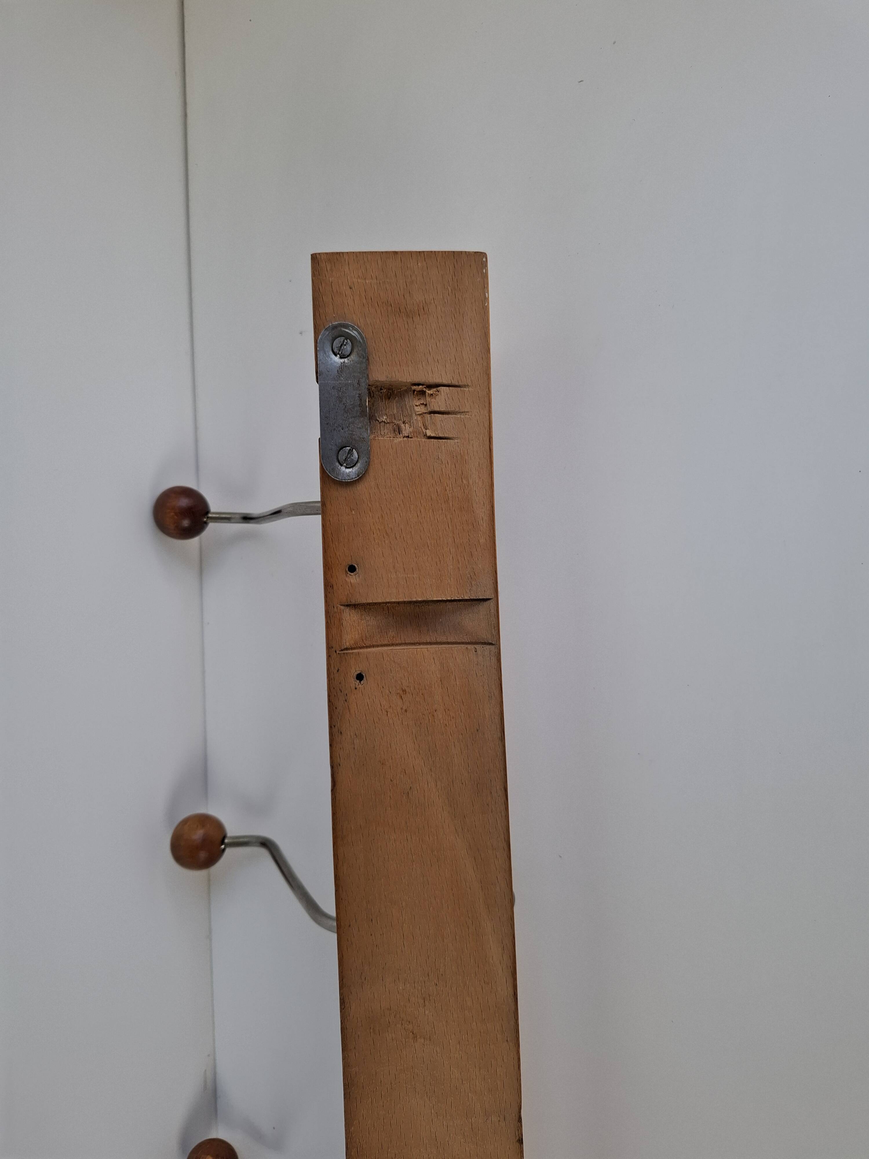 Czechoslovak Midcentury Wooden and Metal Wall Coat Rack, 1960s