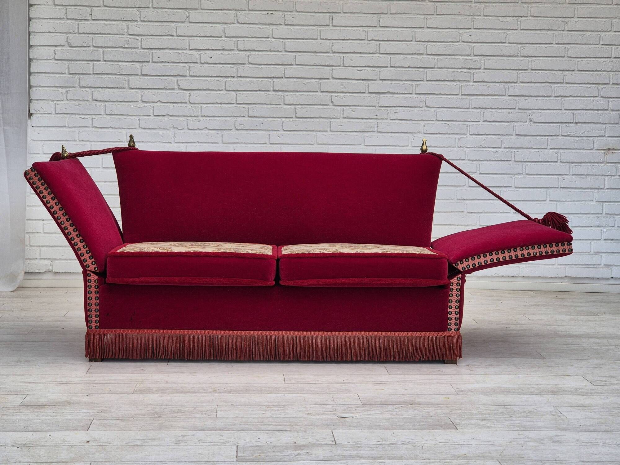 1970s, Danish drop arm "Spanish" sofa, original condition, cherry red furniture velour.
