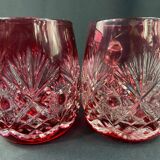 Pair of cut and red tinted crystal beer mugs signed Etzel