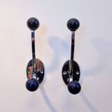 Pair of vintage chrome and blue coat hooks