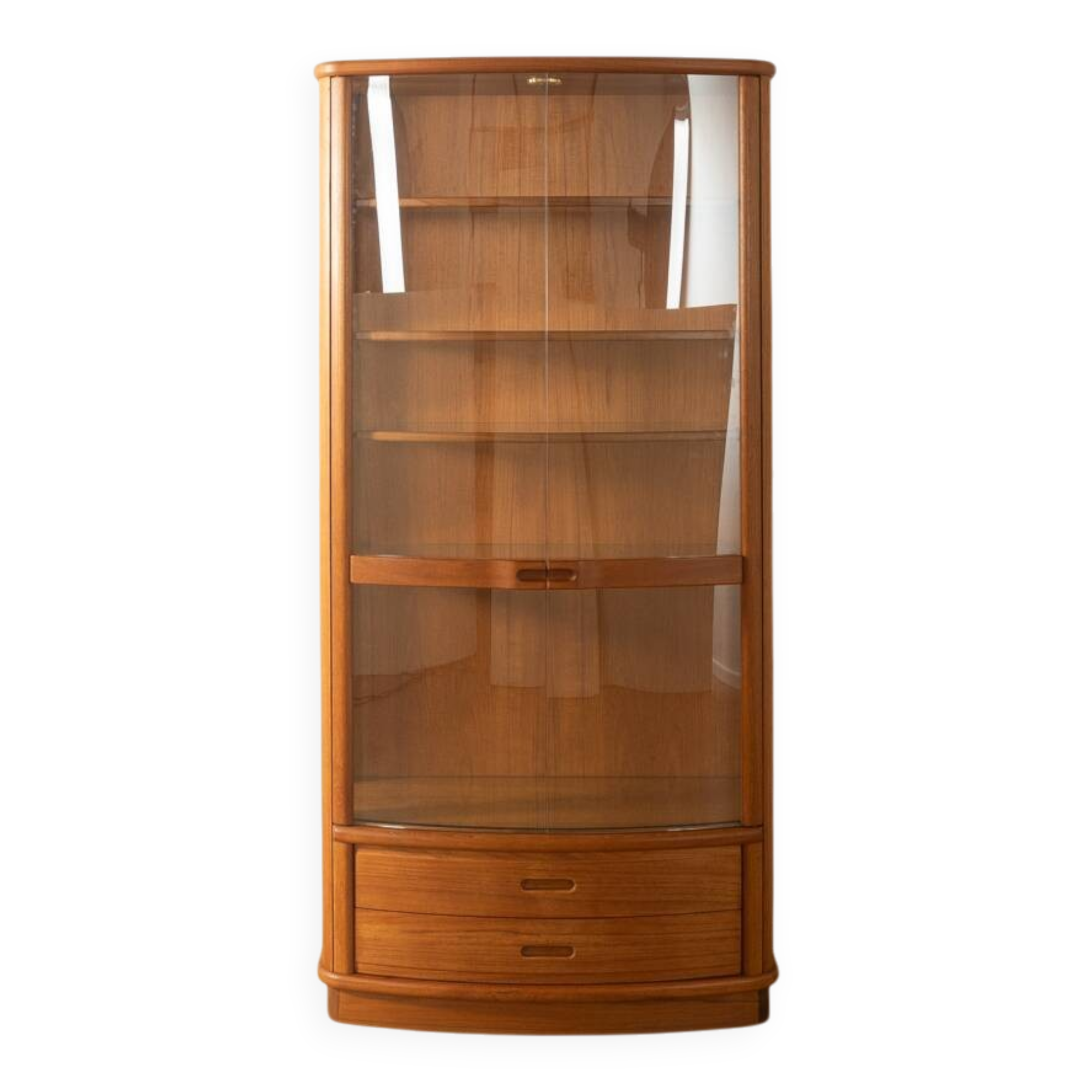 Exclusive display cabinet from the 1980s, solid teak, glass doors, drawers, lighting