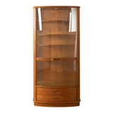 Exclusive display cabinet from the 1980s, solid teak, glass doors, drawers, lighting