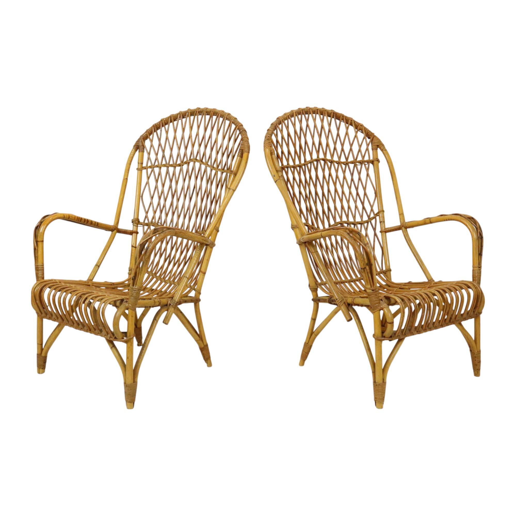 Vintage Set Rattan Chairs Armchairs Table Boho Design Sixties