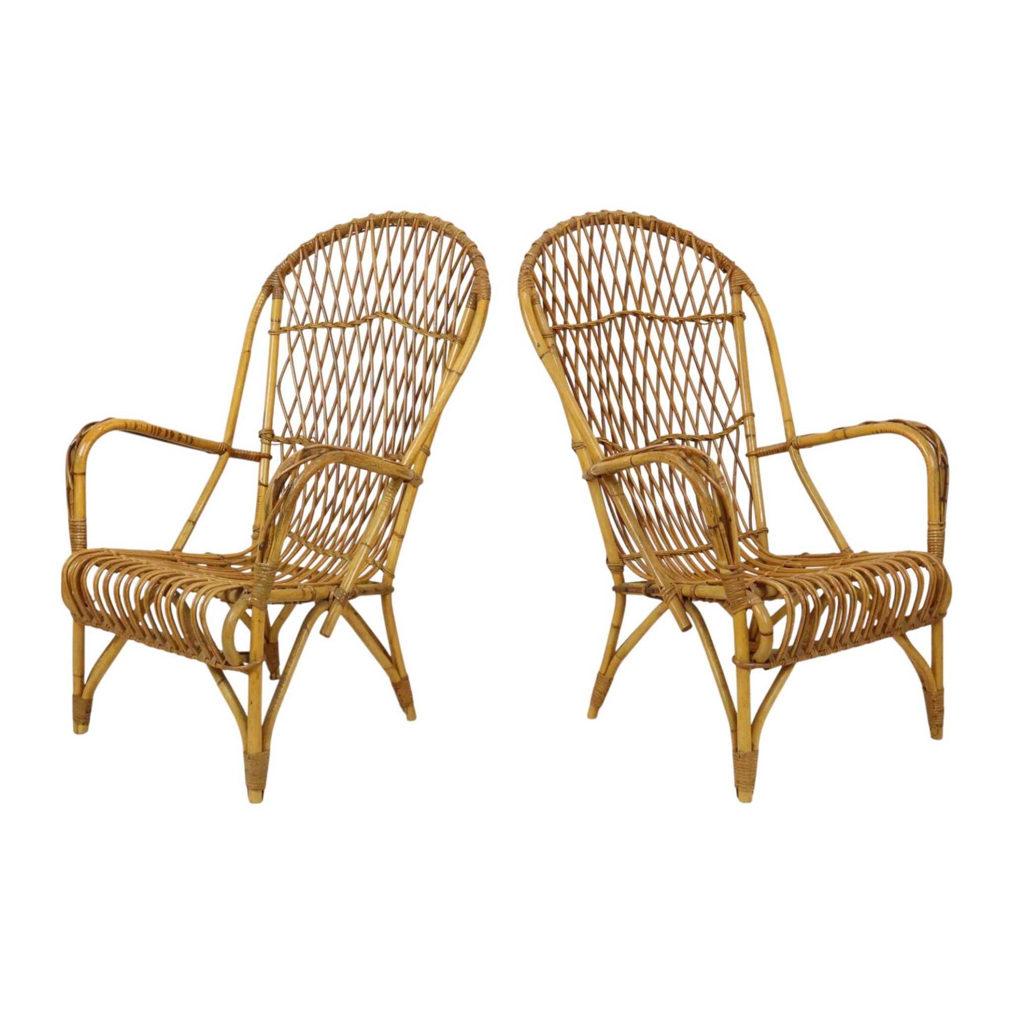 Vintage Set Rattan Chairs Armchairs Table Boho Design Sixties