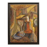 Nature morte cubiste signée - Huile sur panneau