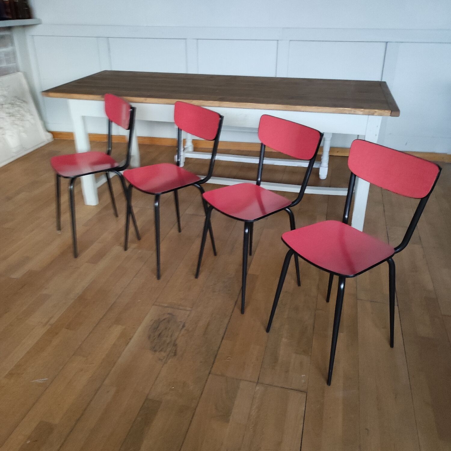 4 restored red formica chairs with black legs