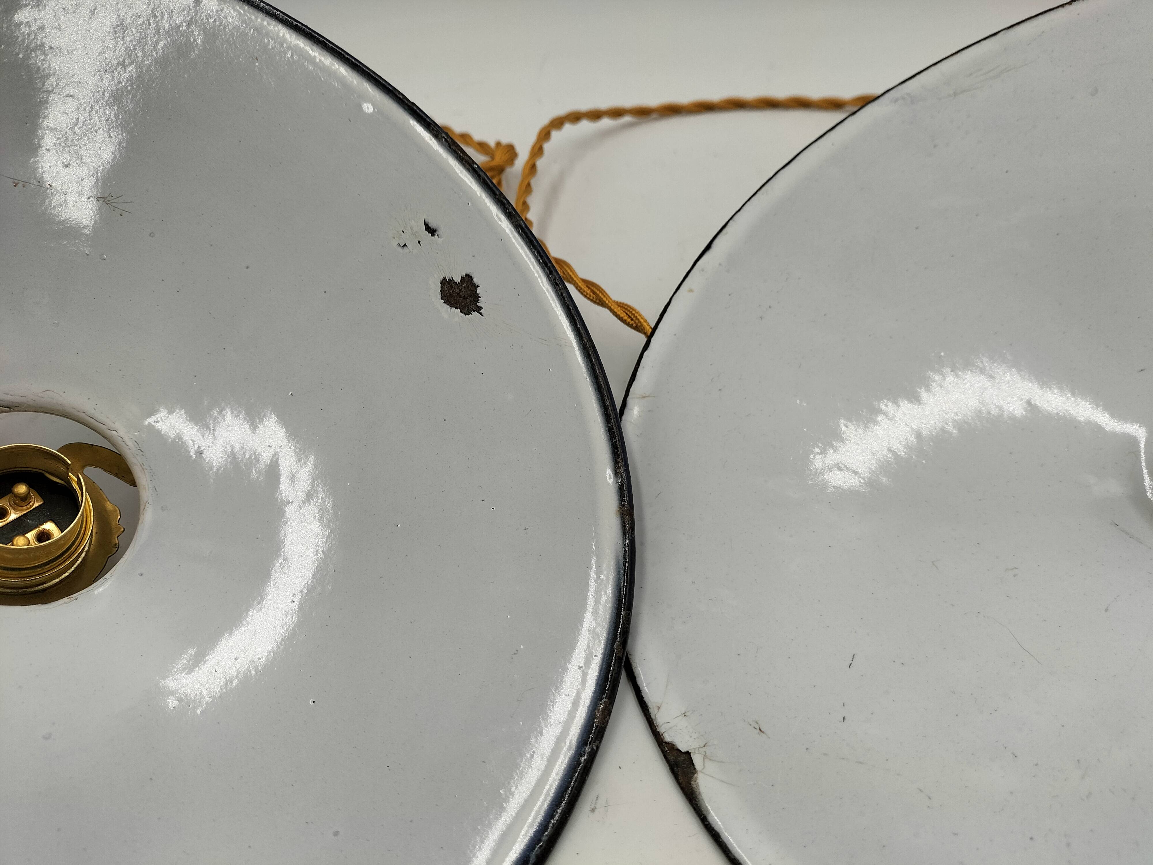 Blue enameled sheet metal pendant lights