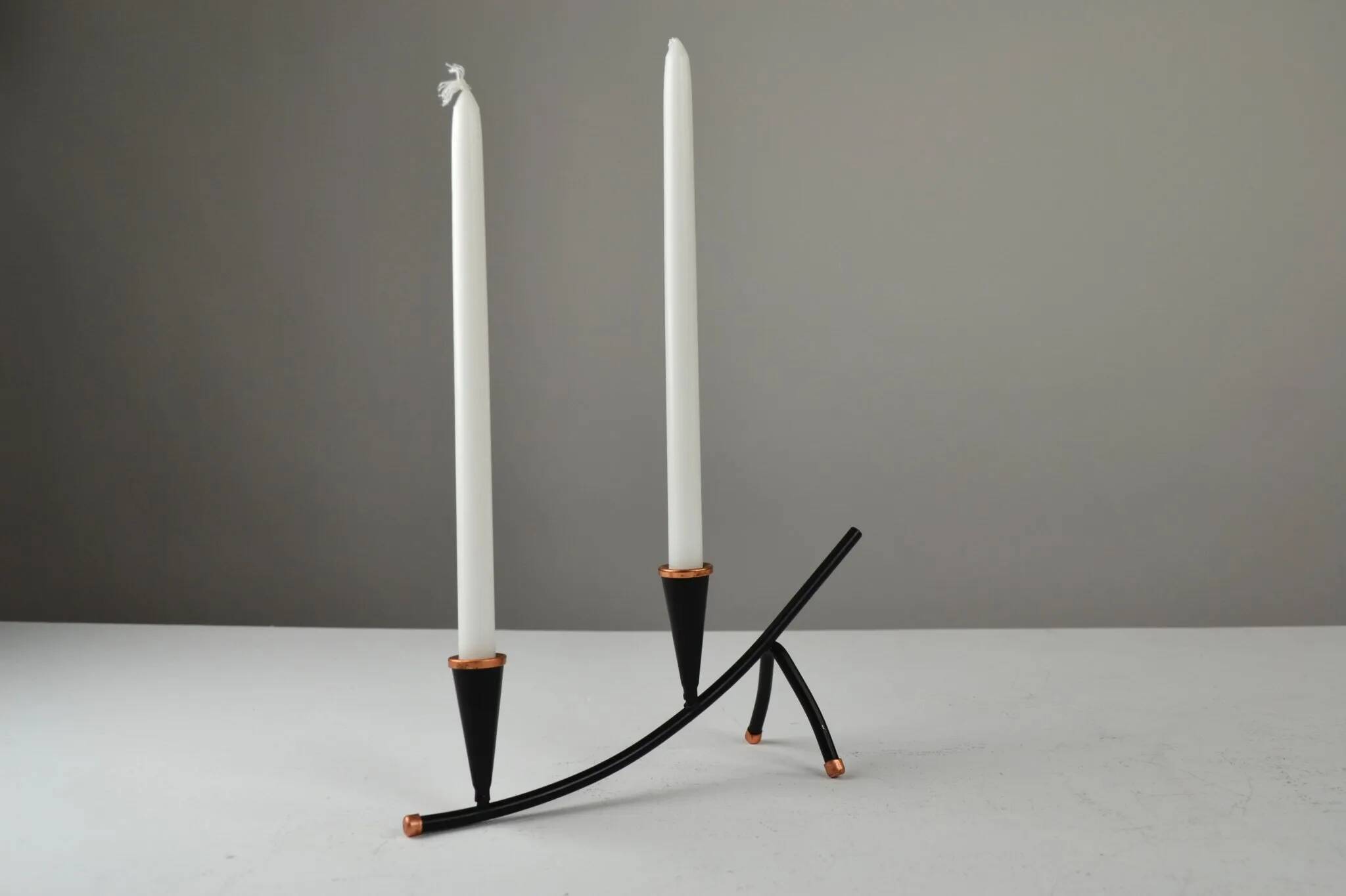Black Painted Metal Candle Holder with Copper Detailing – Gunnar Ander for Ystad-Metall, Sweden, 1950s