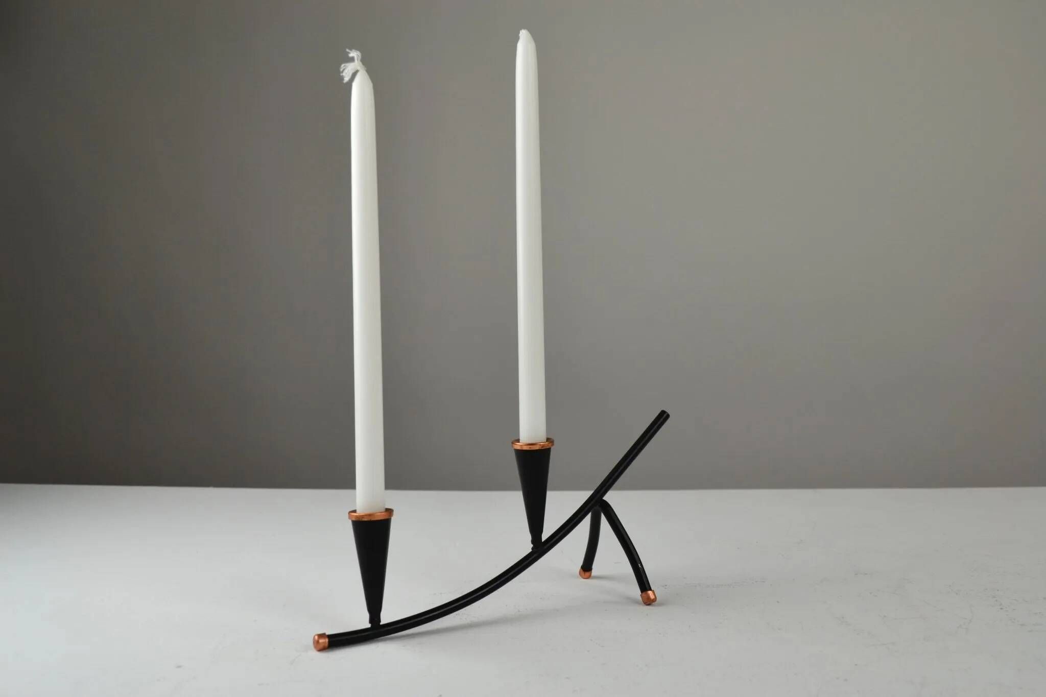 Black Painted Metal Candle Holder with Copper Detailing – Gunnar Ander for Ystad-Metall, Sweden, 1950s