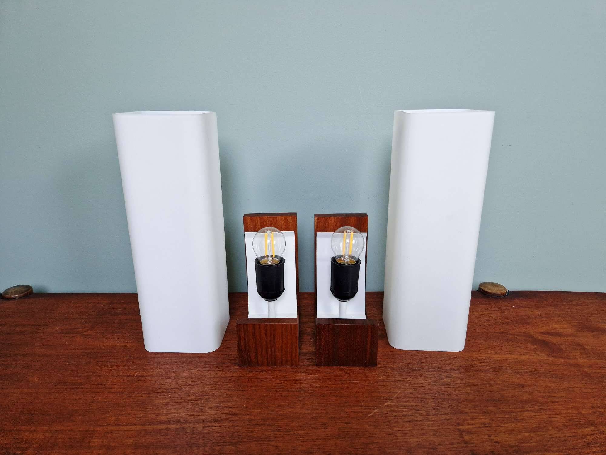 Pair of teak and white opaline wall lights, designed by Louis Kalff, 1960