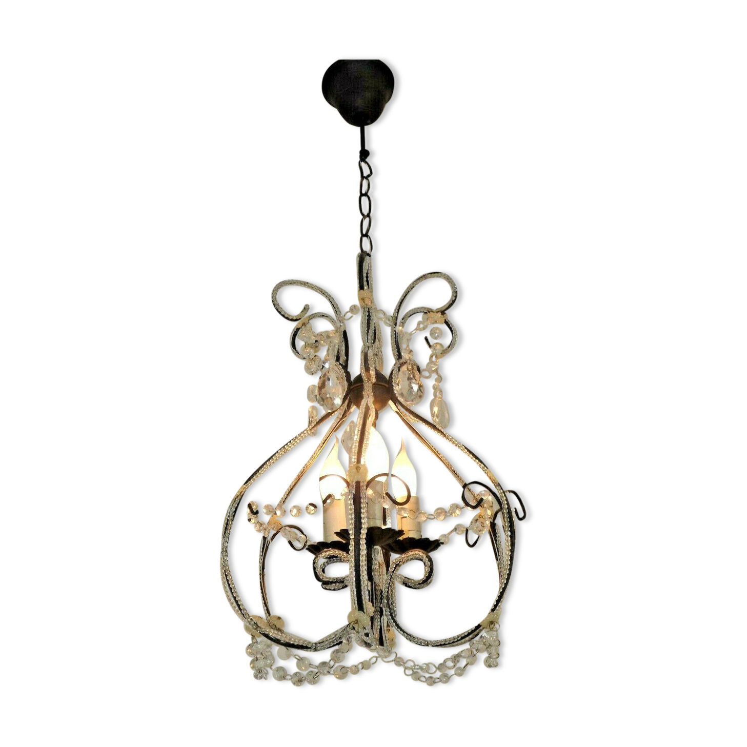 French Parisian Chic Black 3 Light Crystal Beaded 6 Sided Cage Chandelier 3620