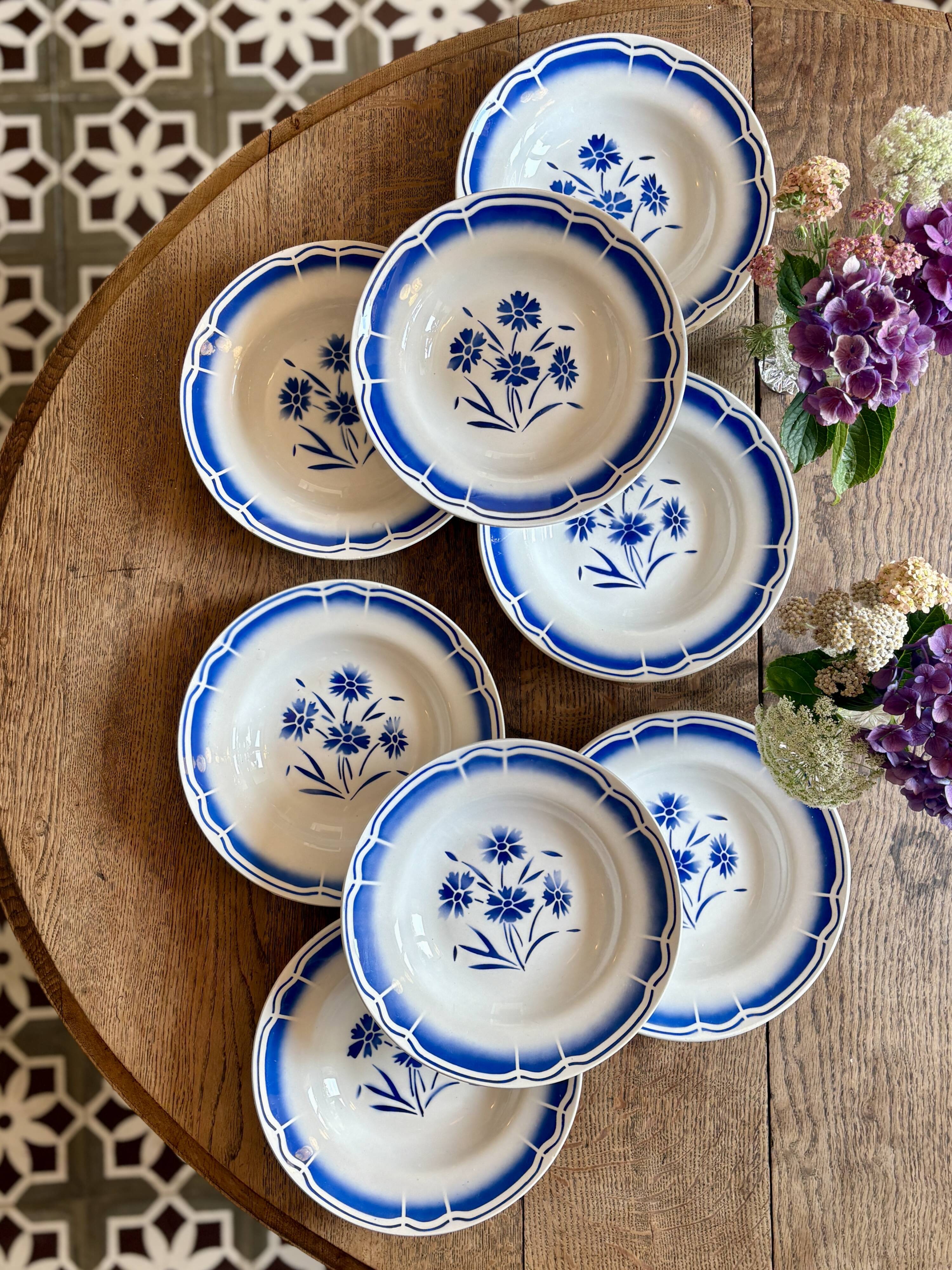 Set of 8 antique soup plates, blue flower decorations