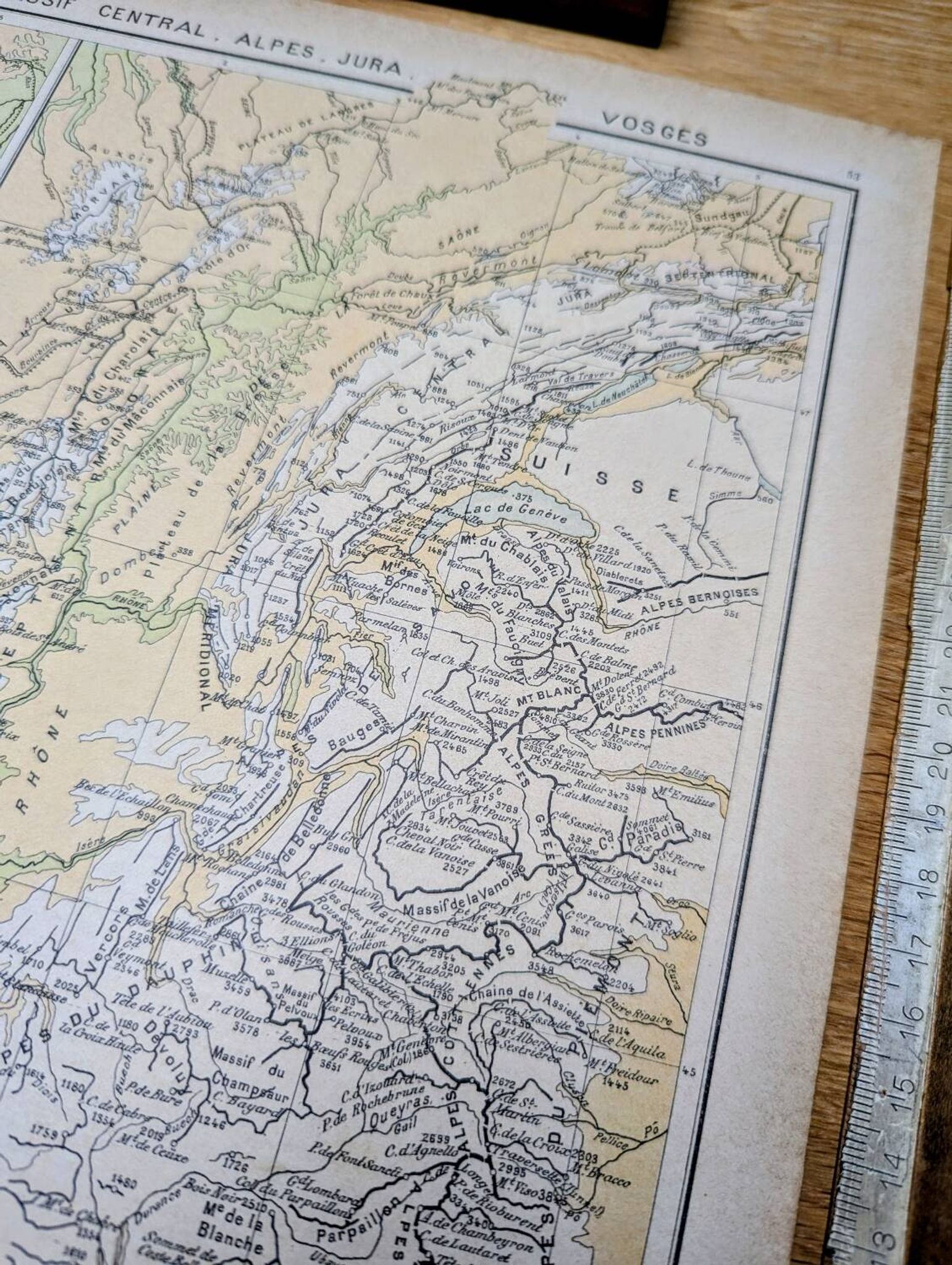 Map of the mountain ranges of France, original printed in 1896