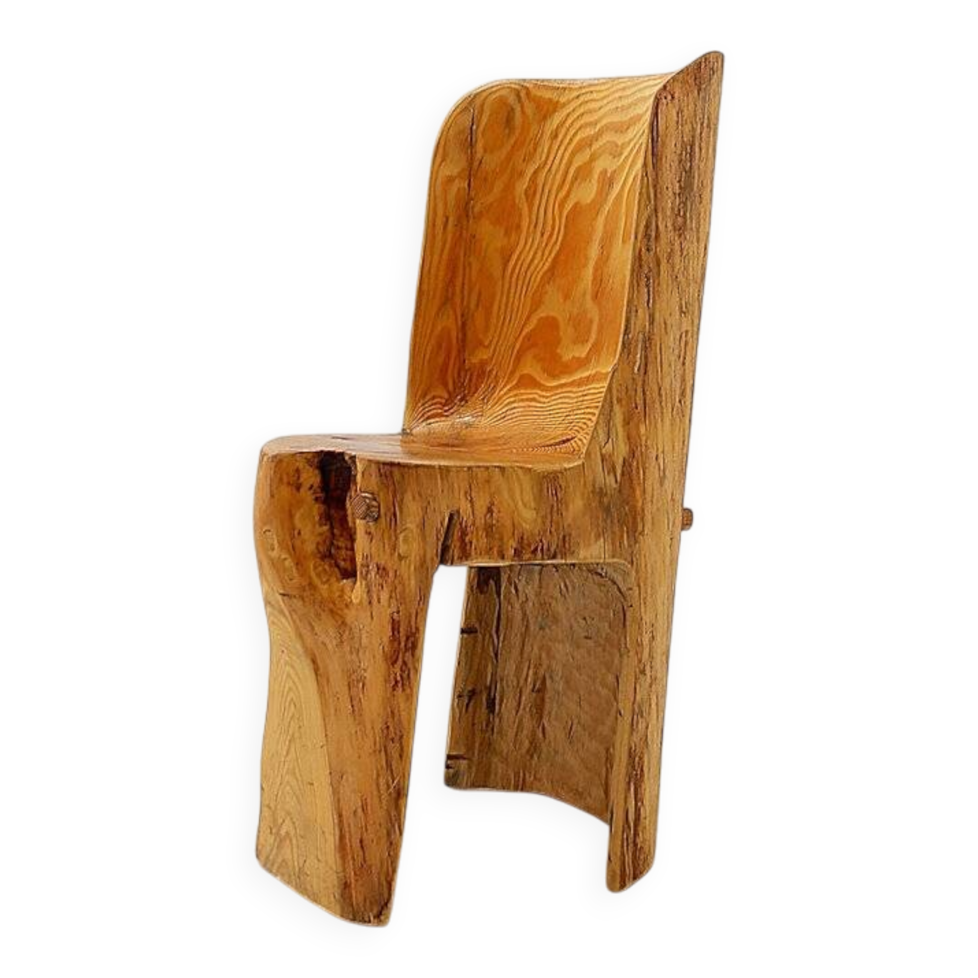 Brutalist sculptural chair in solid oak in wabi-sabi style.