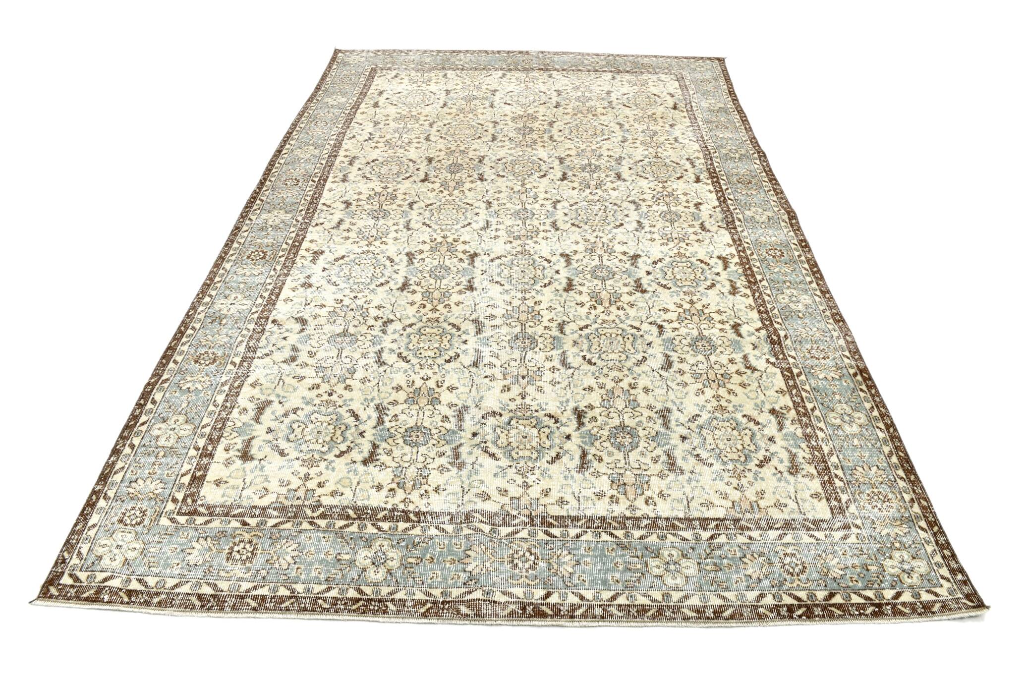 7x10 Turkish Cream Brown Bordered Vintage Rug, 207x316Cm