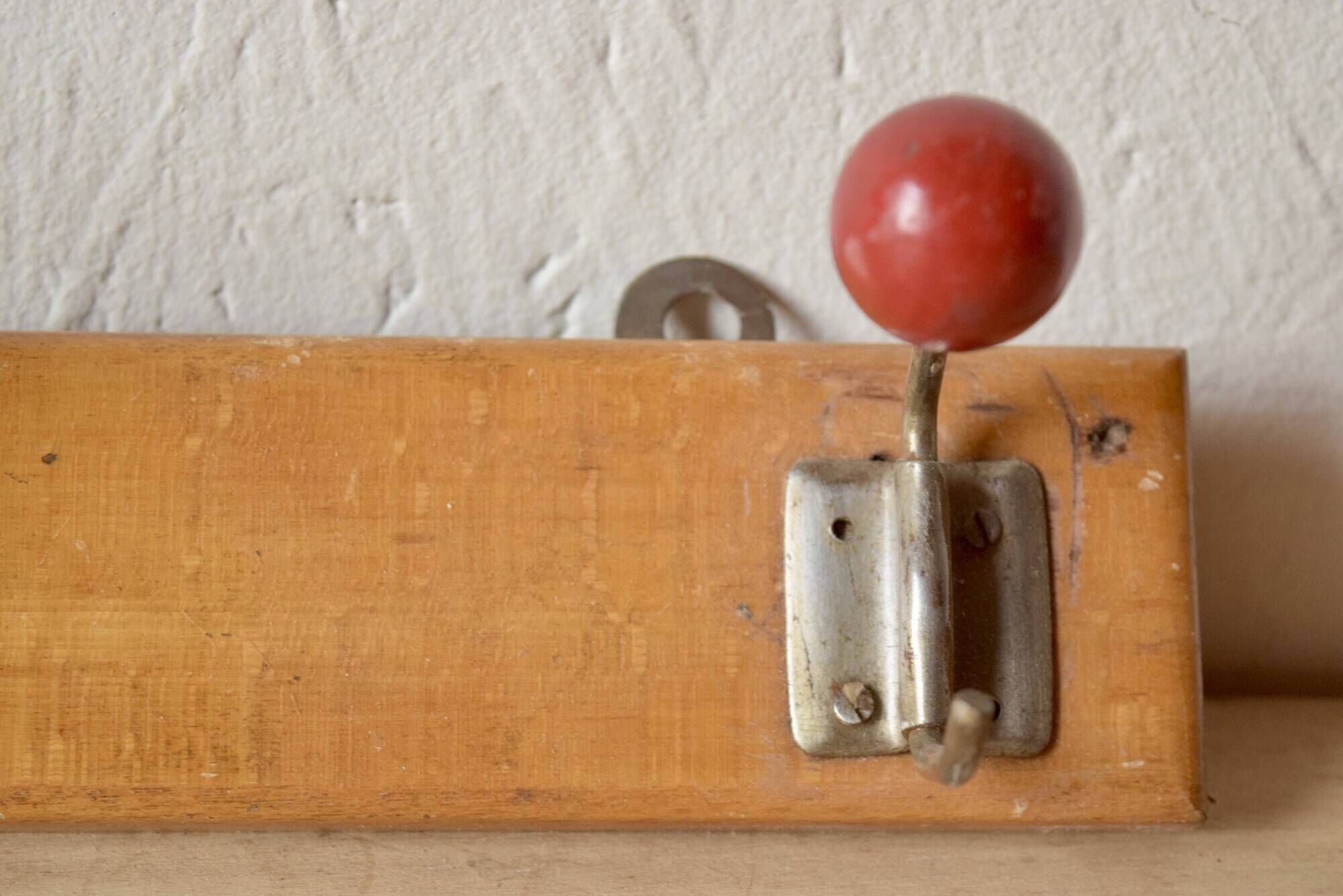 Vintage coat rack - double coat hook - red wooden balls