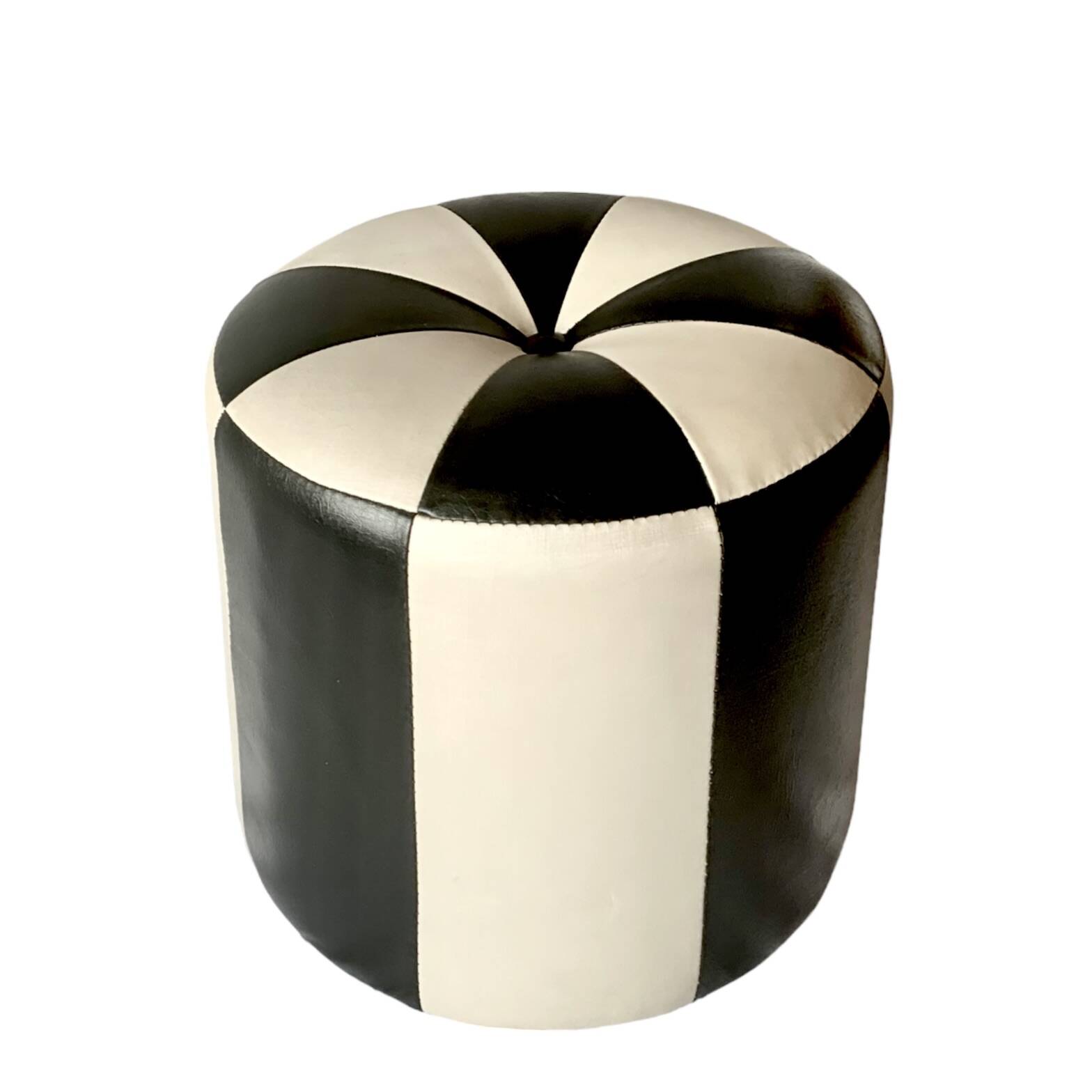 Vintage round pouf in black and white skai