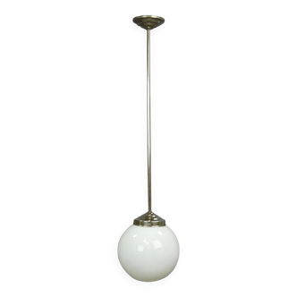 Functional Bauhaus-style pendant light with opaline glass shade.