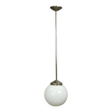 Functional Bauhaus-style pendant light with opaline glass shade.