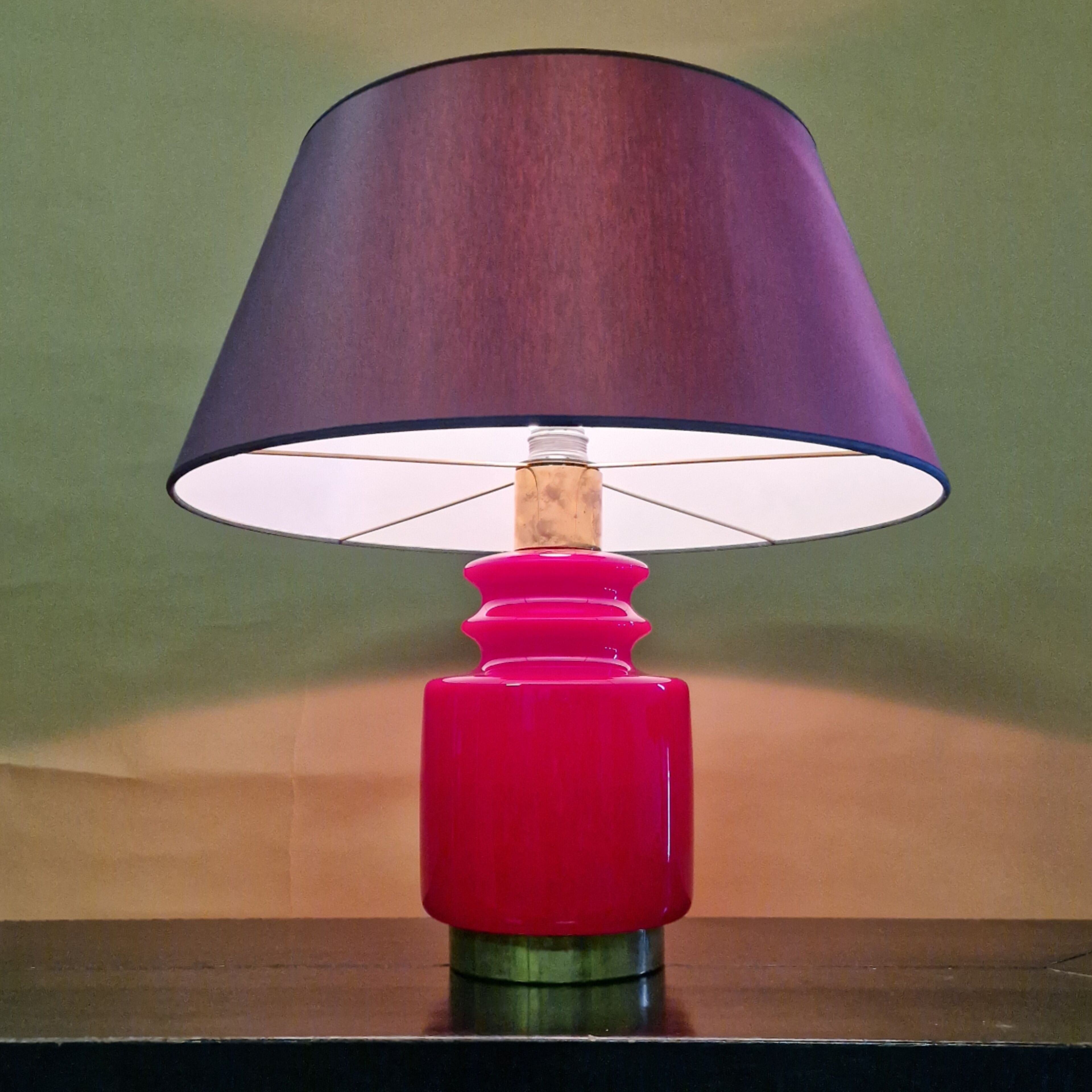 Red illuminated opaline glass table lamp by Peill and Puzzler, Germany 1960s