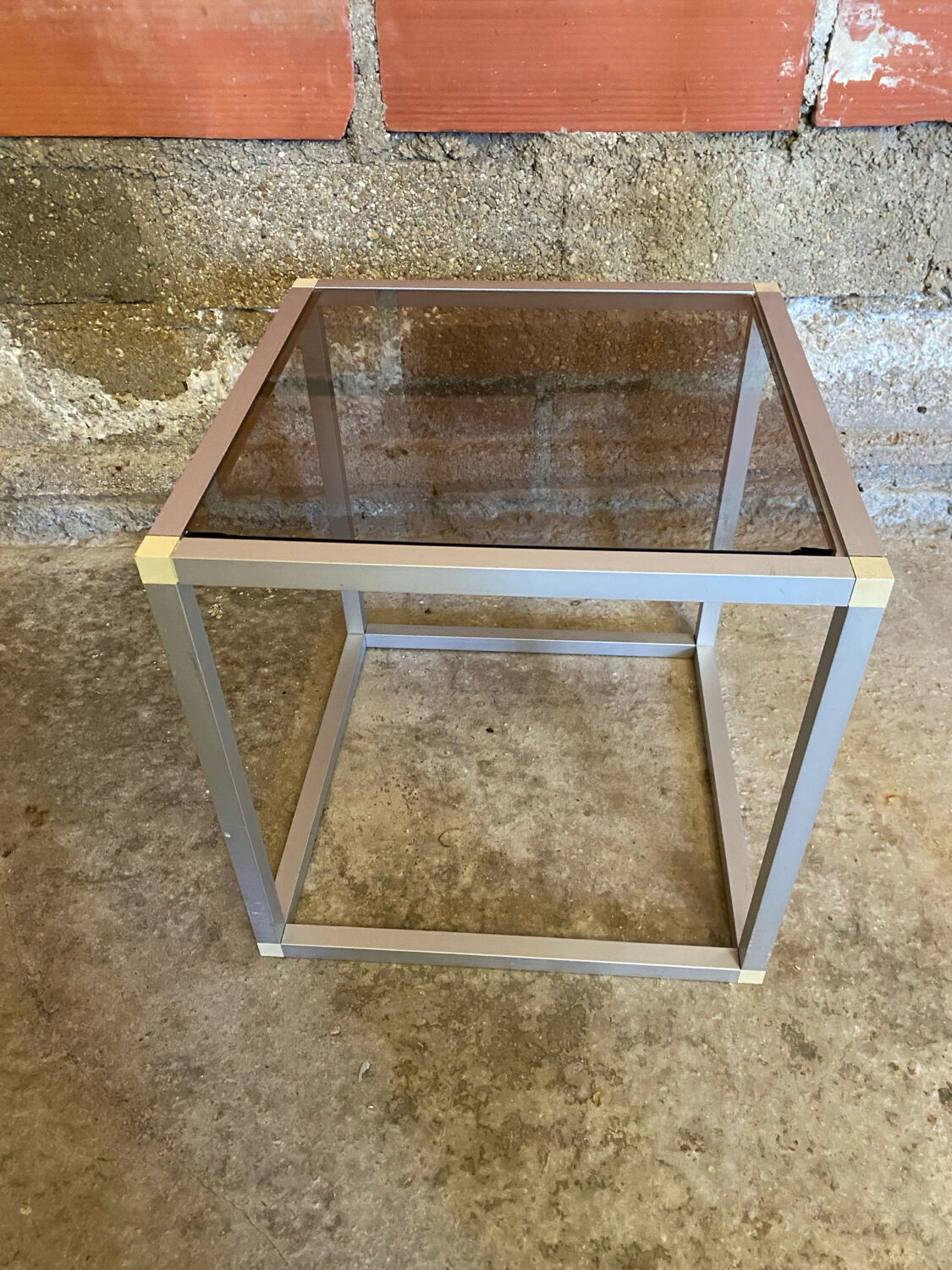 Vintage Cube Coffee Table, Aluminum + Smoked Glass, 1980s