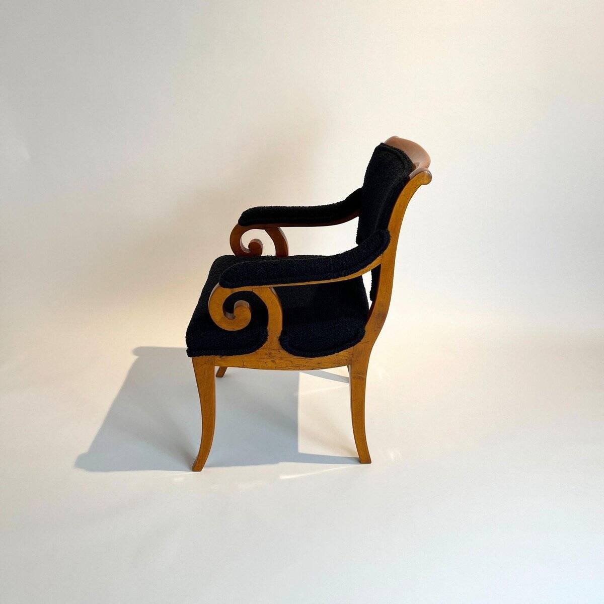 Biedermeier Armchair, Solid Beech, Black Boucle, South Germany circa 1830