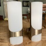 Brushed metal and ribbed opal plastic wall lights
