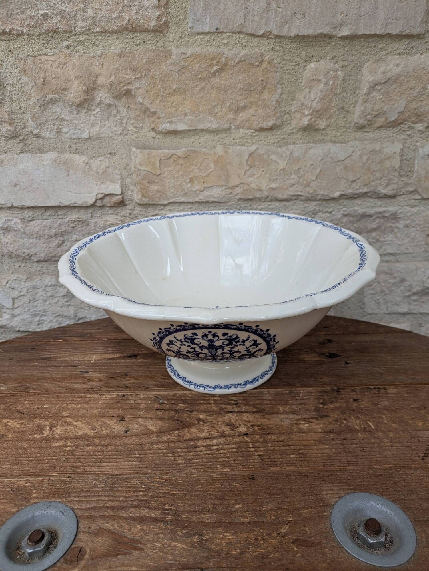 Vintage large salad bowl Gien Rouen model blue arabesques 30x14cm
