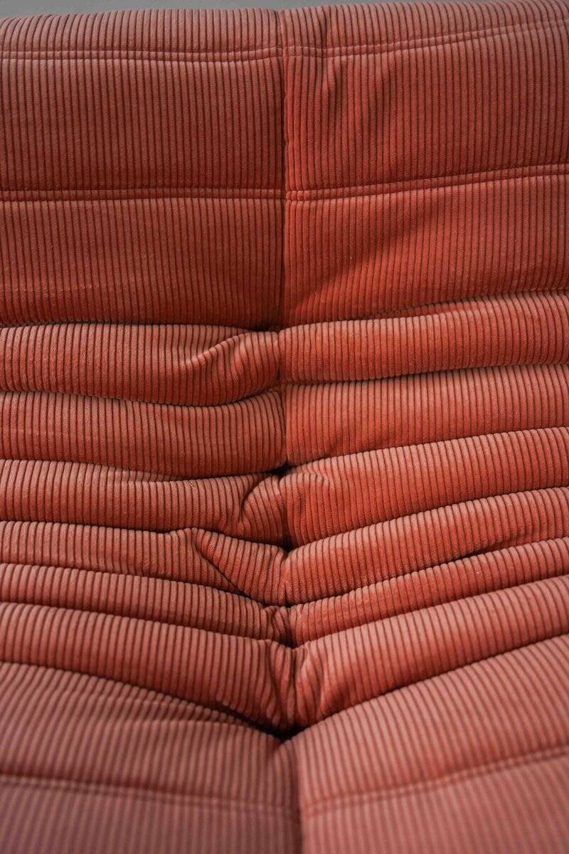 Coral corduroy Togo three-seat sofa by Michel Ducaroy for Ligne Roset