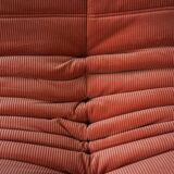Coral corduroy Togo three-seat sofa by Michel Ducaroy for Ligne Roset