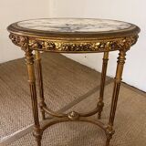 Wooden and marble pedestal table