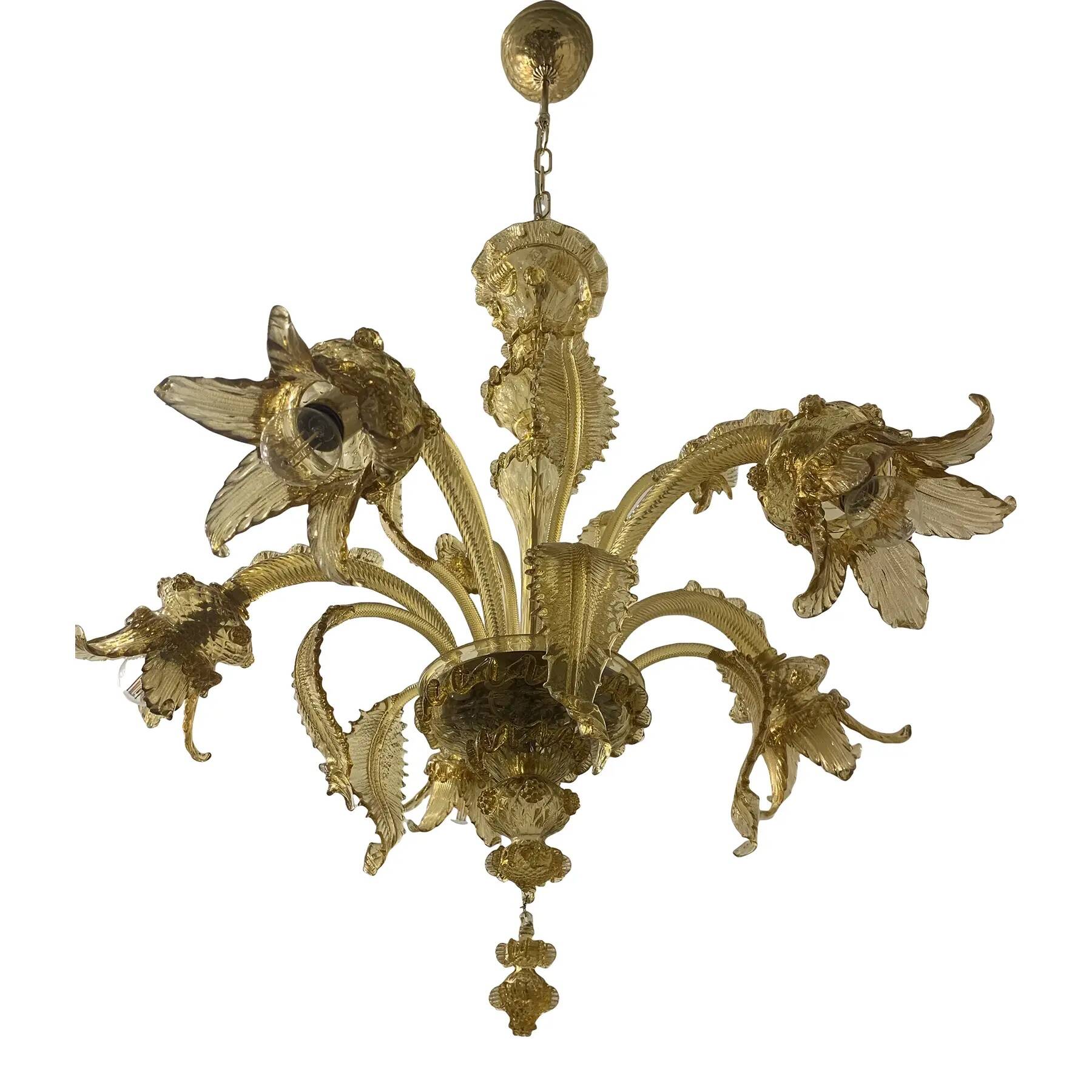 Murano Glass Chandelier, Amber, with Floral and Leaf Accents
