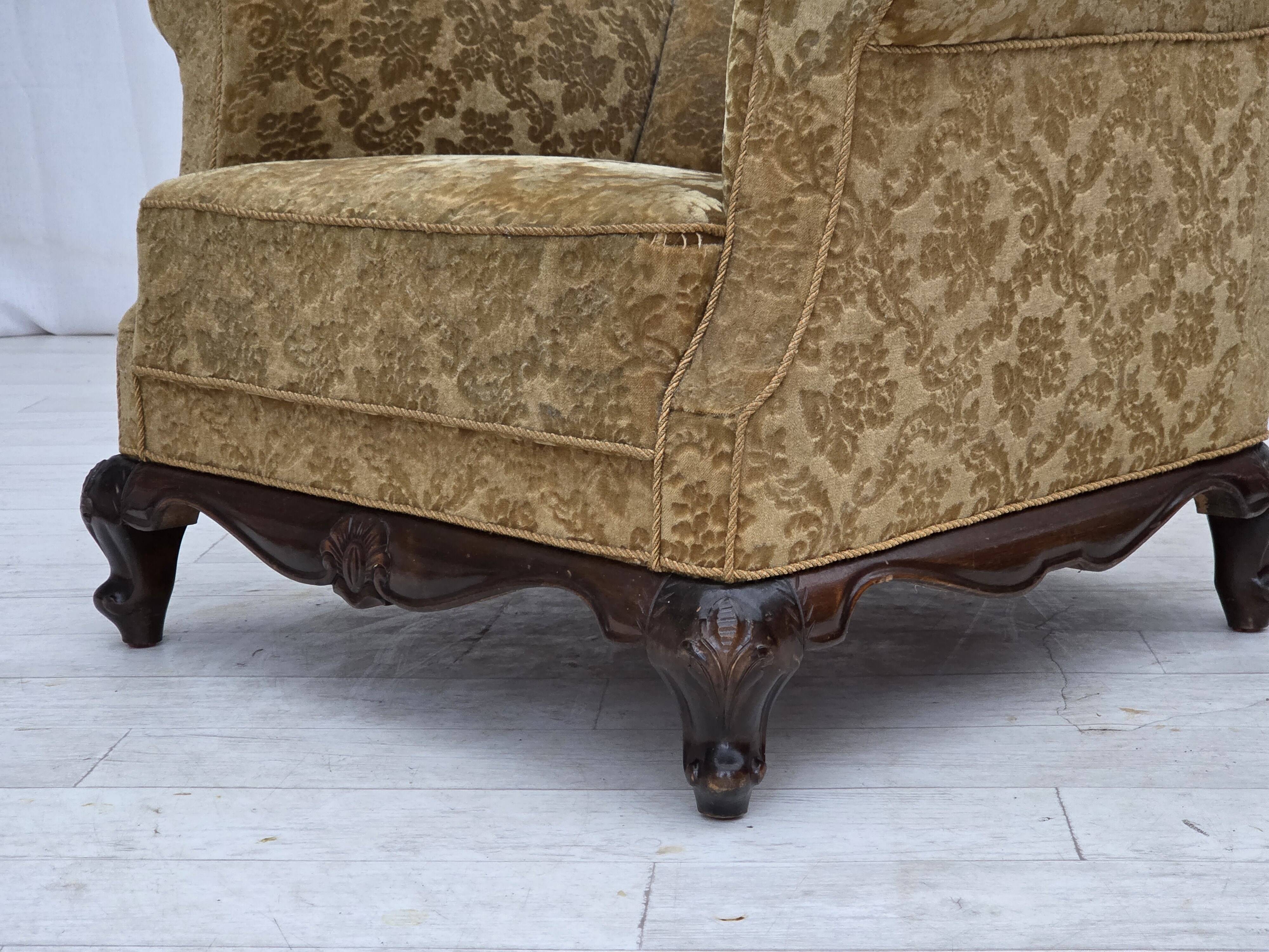 1950s, Danish relax armchair, furniture velour, carved oak wood.