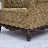 1950s, Danish relax armchair, furniture velour, carved oak wood.