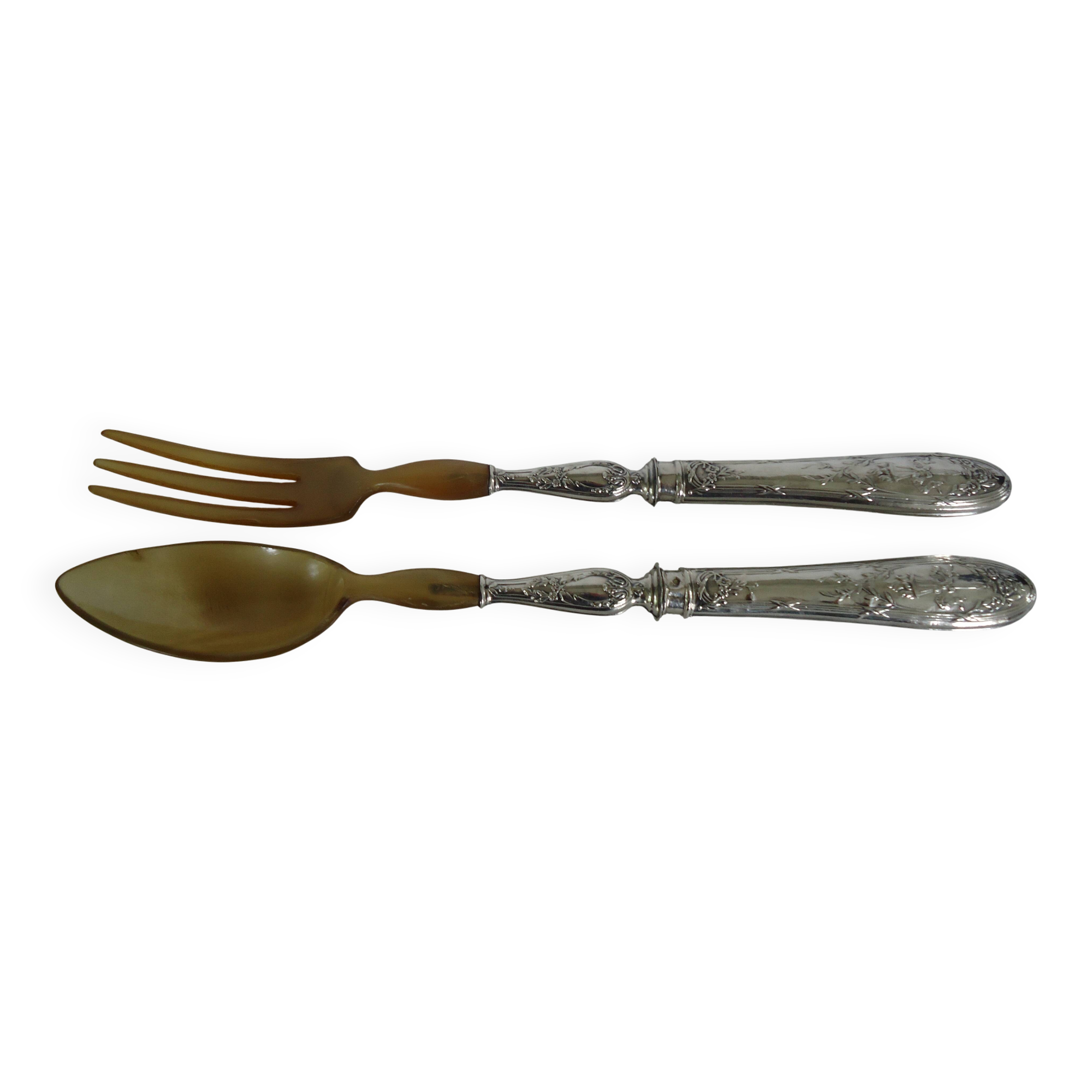 Paire de couverts à salade corne et argent fourré
