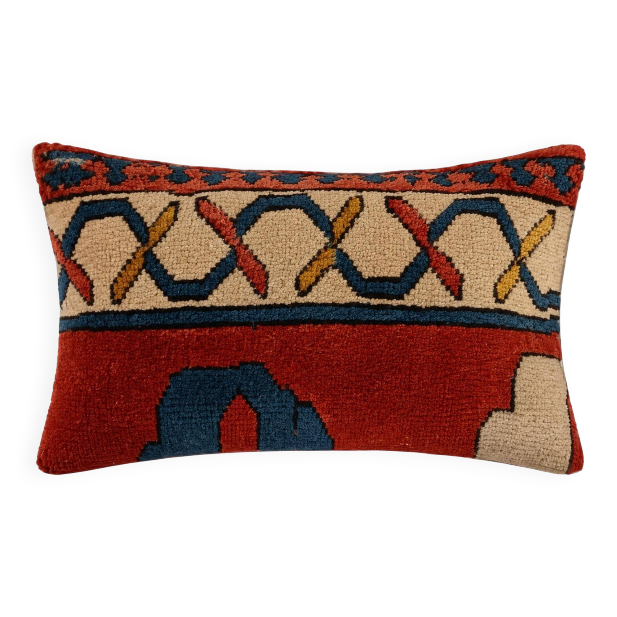 Vintage Cushion Cover in Long Pile Carpet, Turkish Geometric Pattern, 30 x 50 cm
