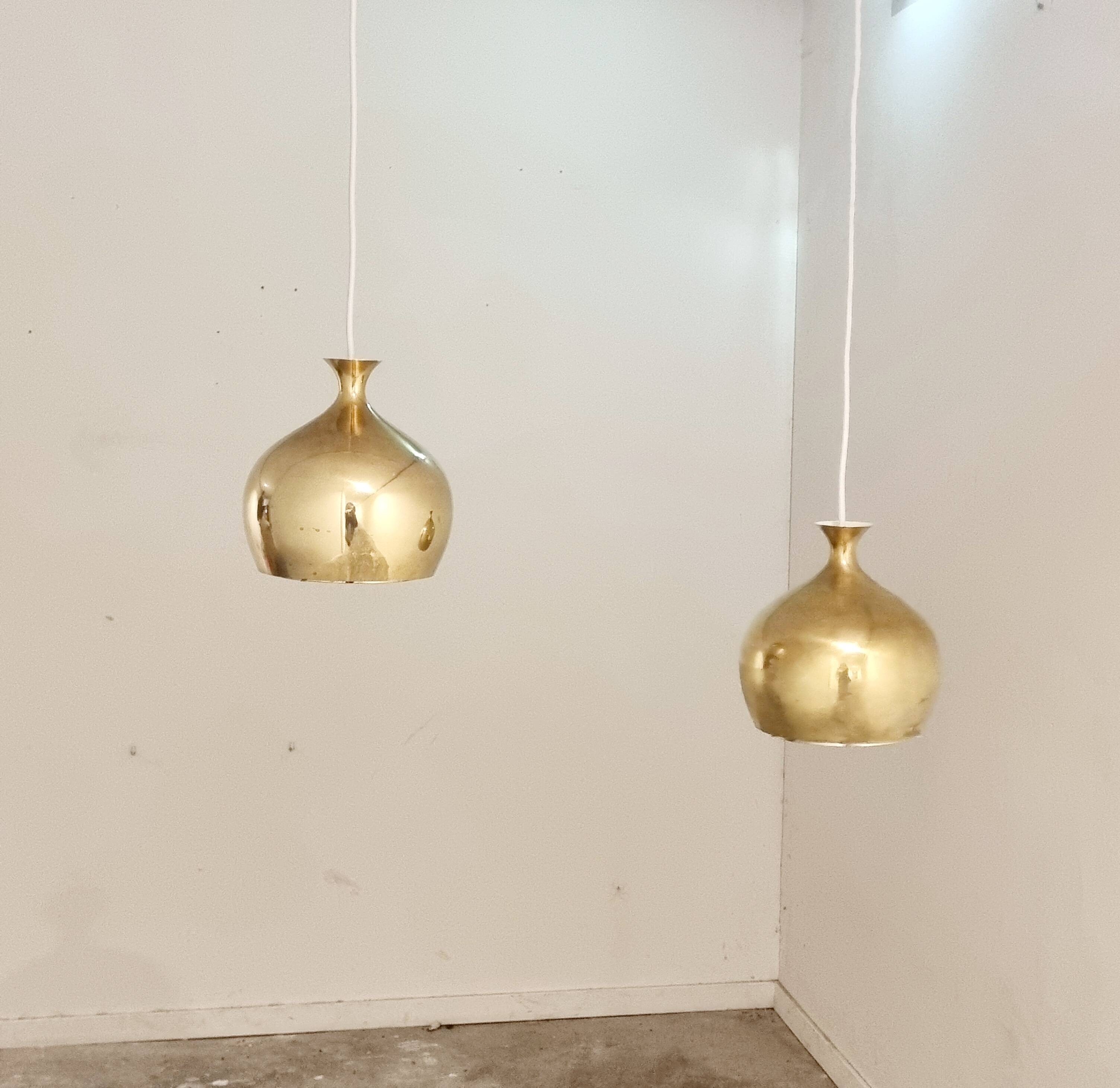 Set of Two Elegant Brass Pendant Lamps Löken by Helge Zimdal for Falkenberg